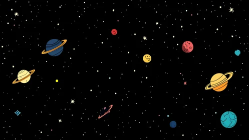 Stylized planetary system with flat-color orbits on star-dense void