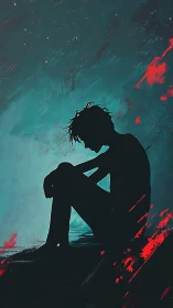 Solitary youth silhouette in teal and crimson abstraction.