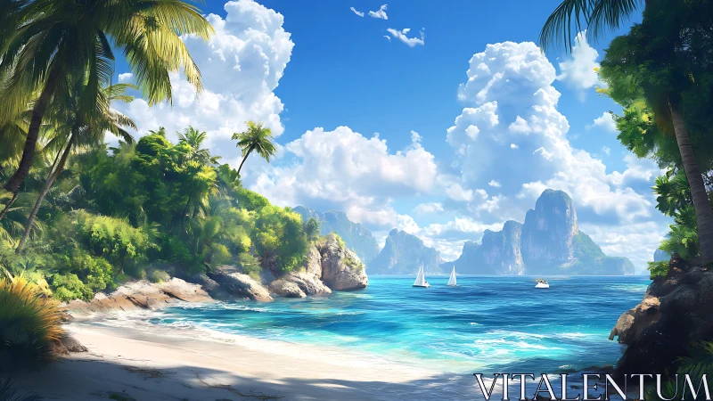Tropical Coastal Landscape with Limestone Formations and Sailboats