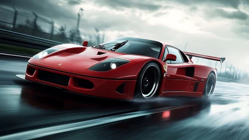 Red racing supercar on wet track under stormy sky.