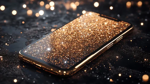 Luxury smartphone with golden glitter display on dark surface.