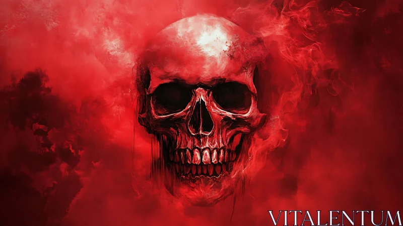 Crimson smoke swirls around a menacing skull in haunting focus