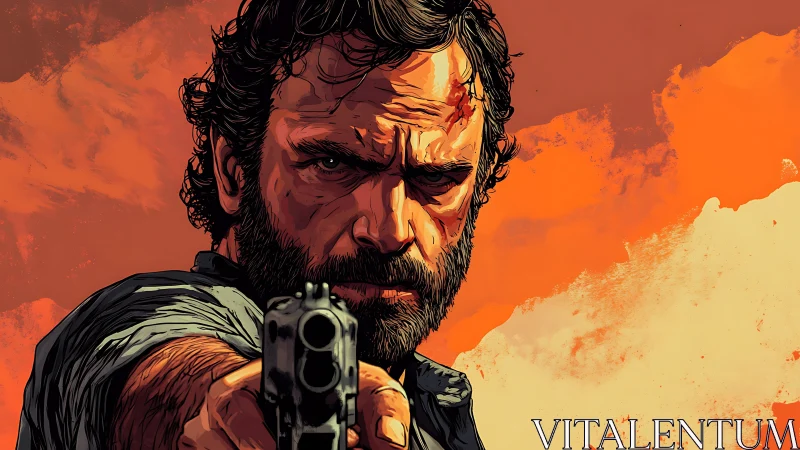 Intense bearded marksman aiming handgun against orange backdrop