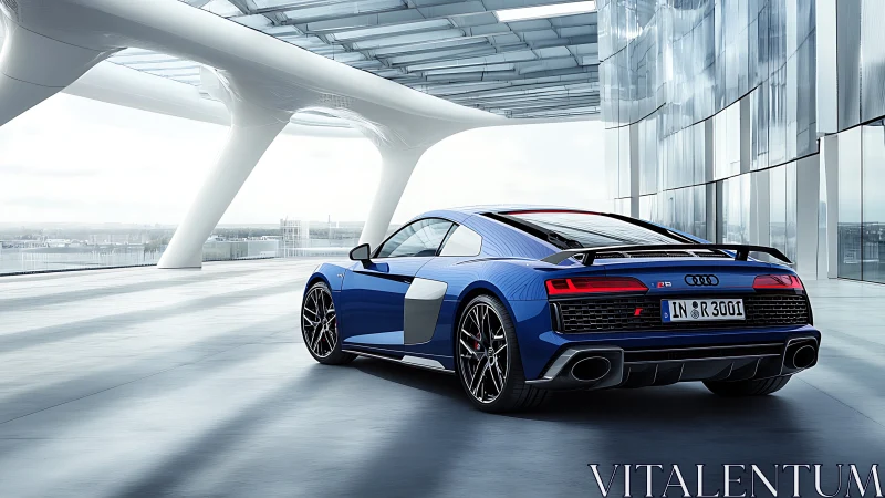 Blue Audi R8 sports car in modern glass architecture setting.