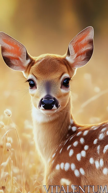 Young spotted fawn glows softly in golden meadow light