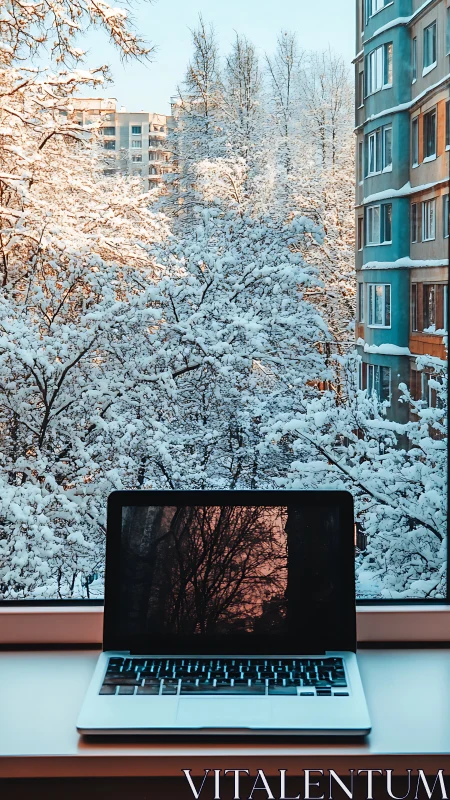 Open laptop on windowsill facing snowy residential view.