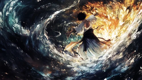 Figure amid swirling water and fire in dynamic vortex scene.