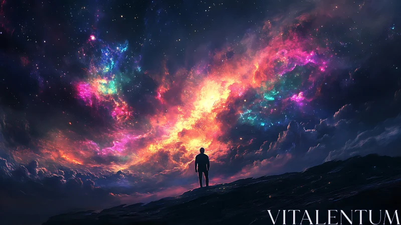 Silhouette under prismatic nebula sky with cinematic cosmic clouds.