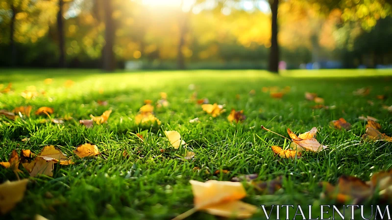 Golden autumn leaves rest gently on a sunlit green lawn