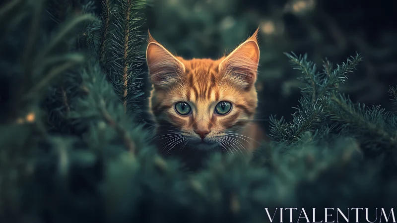 Emerald-Eyed Guardian Peering Through Forest Sentinels.