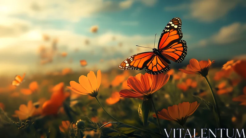 Monarch butterfly over orange wildflowers at sunset field.