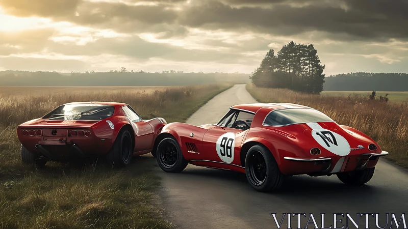 Vintage red race cars on rural road under stormy sky.