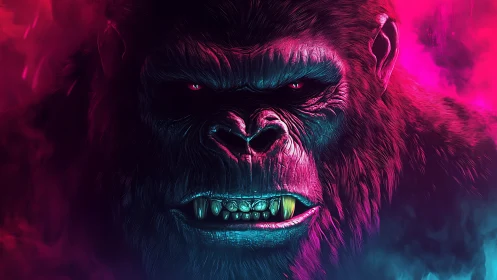 Neon-lit gorilla portrait with intense glowing gaze.