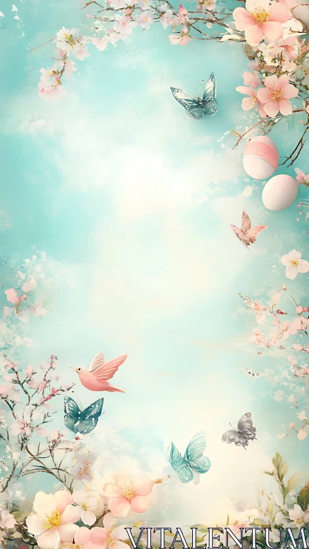 Spring blossoms, butterflies and eggs frame a blue sky background