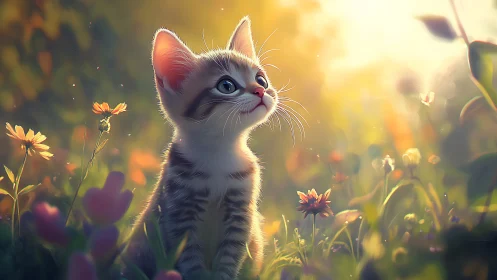 Kitten in Golden Wildflower Meadow at Sunrise.