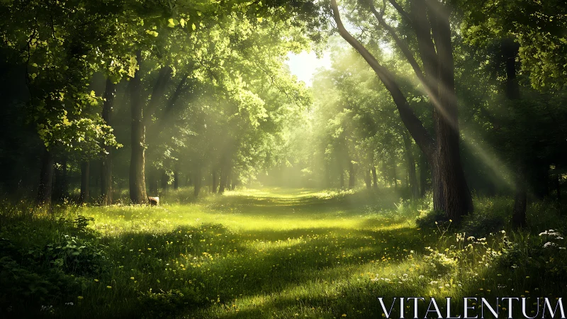 Luminous Forest Canopy with Crepuscular Rays and Verdant Understory