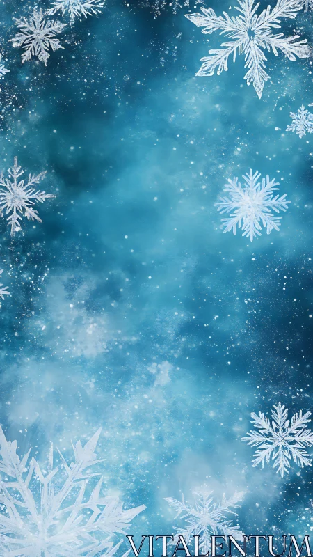 Crystal snowflakes on teal winter nebula background design.