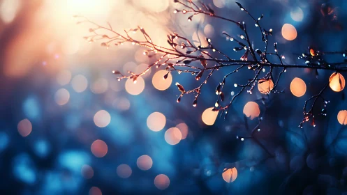 Dewy winter branch with bokeh lights in dreamy abstract style.