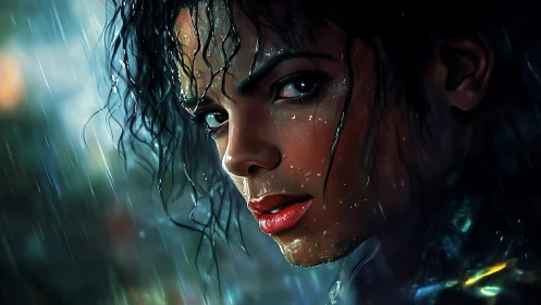 Wet-faced person stares intensely through streaking rain