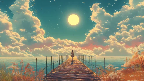 Soft glowing moon welcomes a lone dreamer on a quiet pier