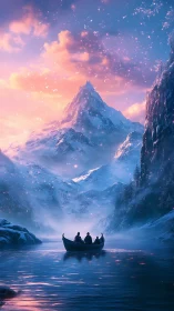 Boat drifts toward glowing snowy peak under twilight sky