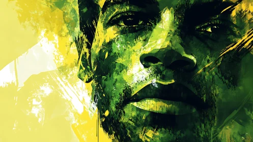 Abstract green portrait of a man in layered digital brushwork.