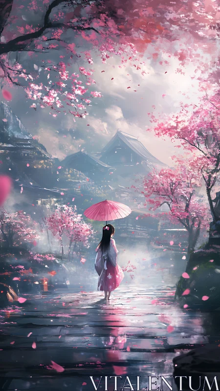 Girl with umbrella in misty cherry blossom garden.
