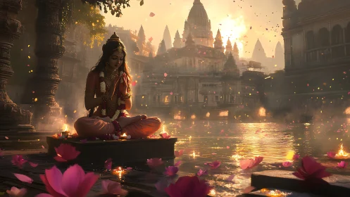 Lotus meditation beside golden river temple at sunset.