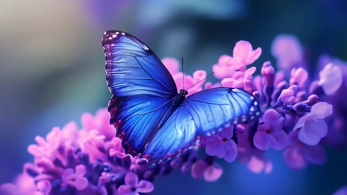 Gentle blue butterfly resting in a dreamy lilac garden.