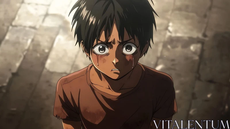 Emotionally shaken anime boy standing on stone street.