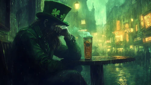 Melancholic leprechaun in rain-soaked neon Irish alleyway