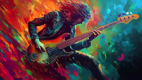 Electric bass guitarist with abstract colorful background.