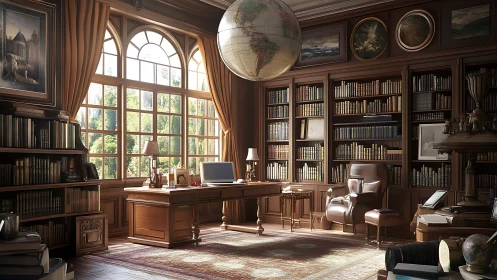 Classical wood-paneled study renders atmospheric scholarly depth