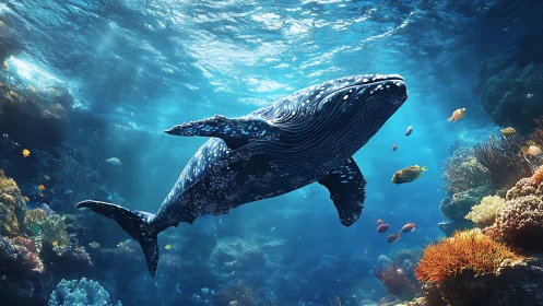 Humpback whale glides above coral reef in clear blue sea