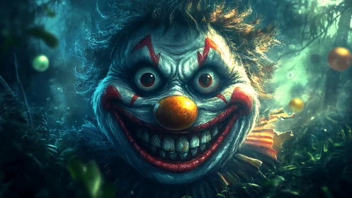 Sinister grinning clown in eerie forest environment.