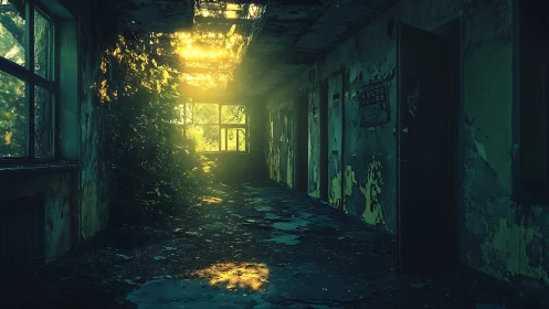 Overgrown derelict corridor bathed in fractured sunlight.