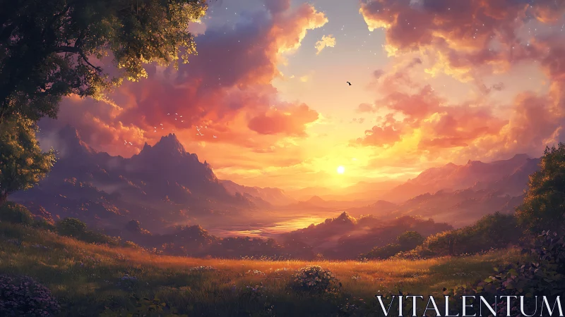 Radiant sunset over tranquil fantasy valley landscape.