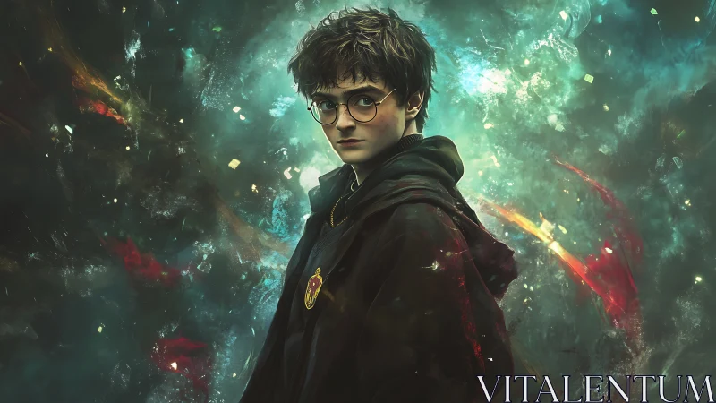 Young wizard stands within a storm of cosmic spelllight