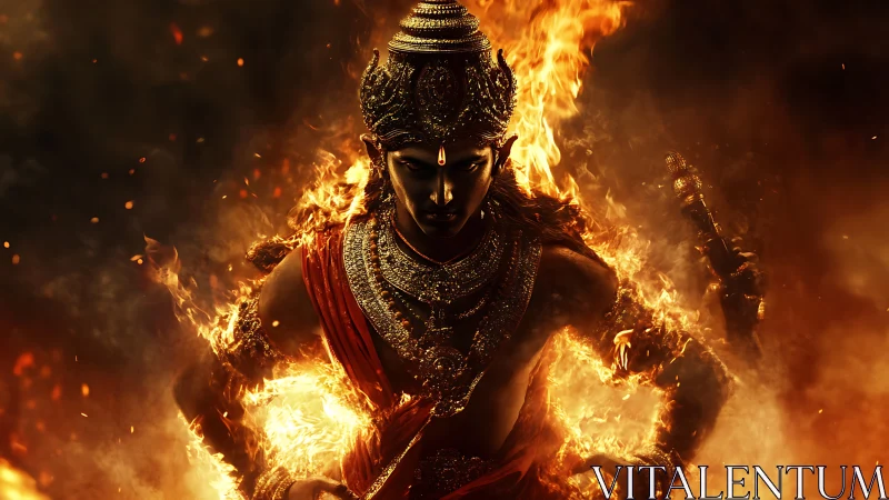 Fiery warrior deity strides forward in a blazing inferno
