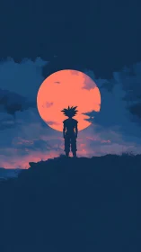 Solitary anime hero gazes at a bold glowing moonrise
