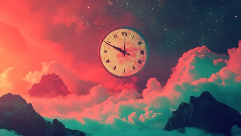 Celestial clock drifts through neon clouds and starry dusk.