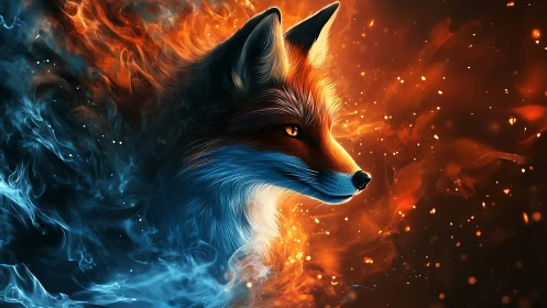 Digital fox portrait with dual fire and ice energy field.