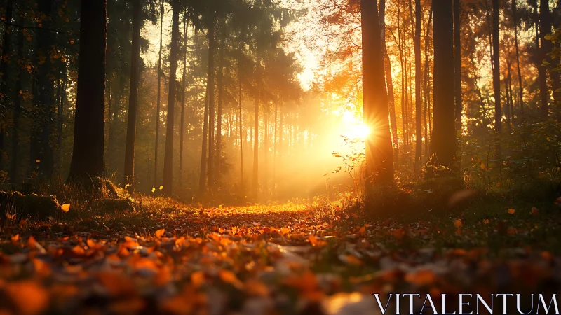 Golden sunrise illuminates autumn forest canopy
