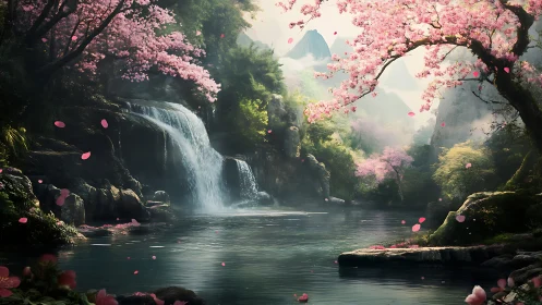 Cherry blossom gorge with tiered waterfall under diffused backlight