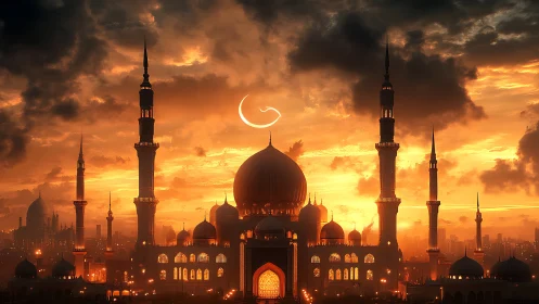 Golden sunset embraces a glowing domed mosque skyline