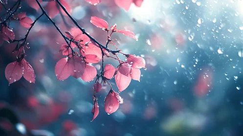 Pink leaves hang in soft rain against cool blue bokeh