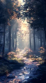 Forest Stream Pathway Illuminated by Volumetric Light Ray Filtering Through Deciduous Canopy