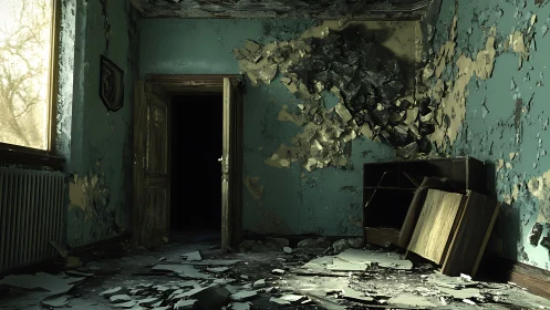 Decayed teal room reveals crumbling walls and dark doorway