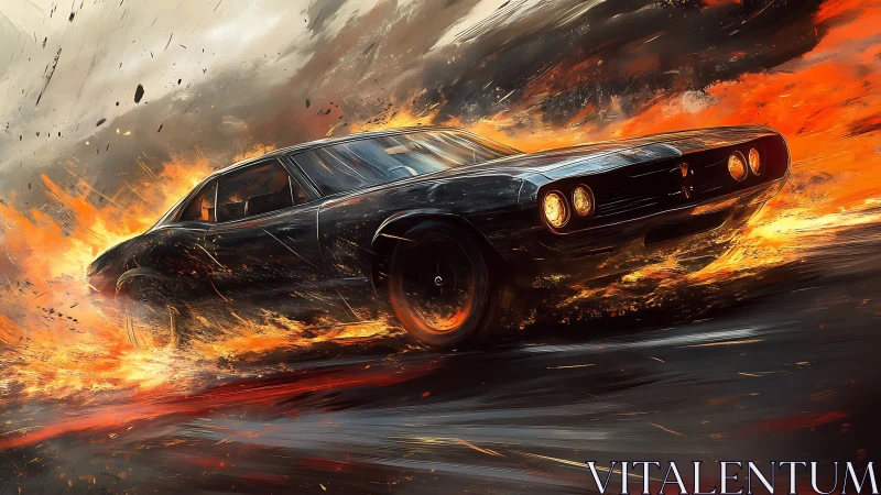 Muscle car surges through blazing fire in a cinematic rush