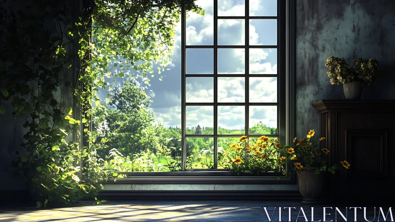 Sunlit cottage window frames lush green summer landscape.